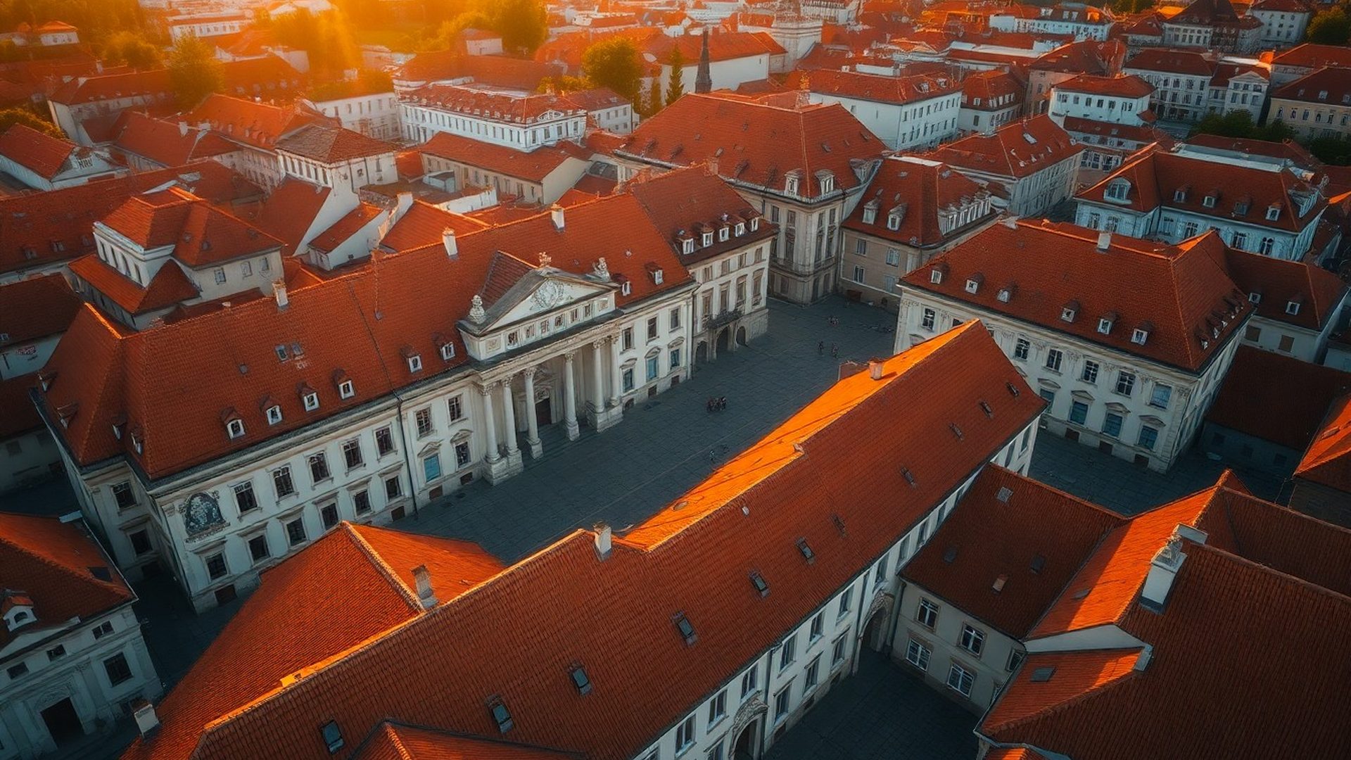 Letecký pohled na centrum Plzně v podvečerním světle s terakotovými střechami