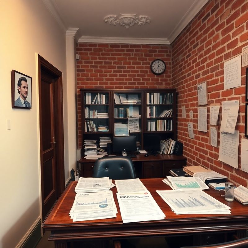 Interiér redakce Studia Plzeň s dřevěným pracovním stolem a výstřižky z novin
